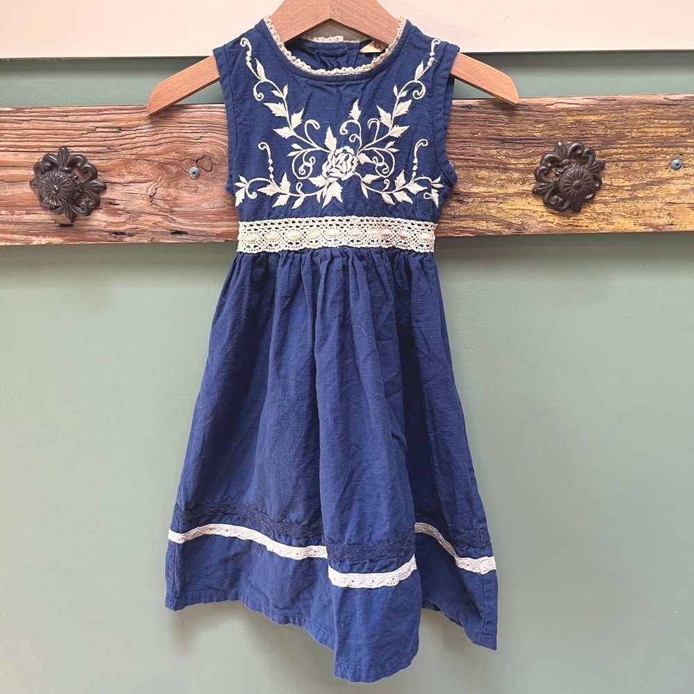 April Cornell Girls Navy Blue Floral Embroidered Lace Trim Cotton Dress Size 3/4